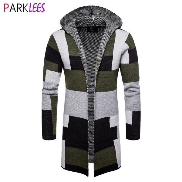 

geometric knitted long cardigan sweater men autumn casual hooded knitted sweaters open front mens knitwear pull homme 210522, White;black