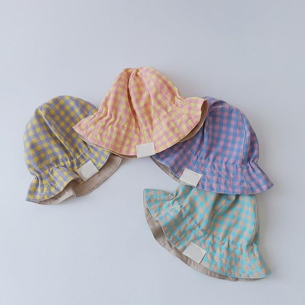

double sided baby bucket hat summer spring toddler kids panama korean style plaid outdoor beach children sun 1-2y caps & hats, Yellow