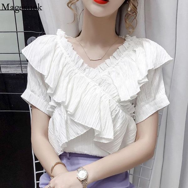 

women's blouses & shirts off shoulder blouse women chiffon shirt 2021 fashion ruffles slash neck summer short sleeve blusas mujer 1541, White