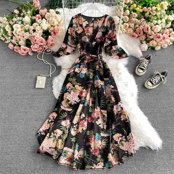 

summer temperament fashion holiday style printed big swing long dress lace waist thin v-neck floral woman uk901 210506, Black;gray
