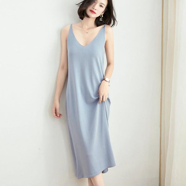 

woman summer knitted slip dress v-neck sleeveless loose women dresses solid color elegant casual lady midi blue, Black;gray