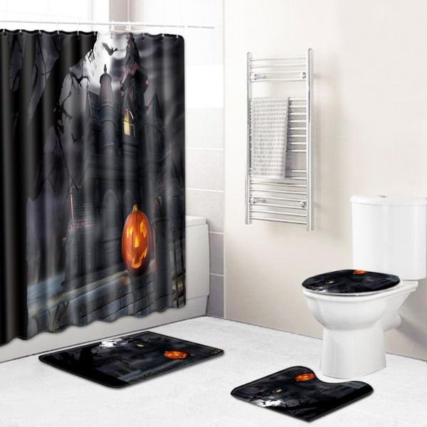 

bath mats 4pcs/set bathroom mat set halloween shower toilet rug waterproof polyester fabric washable curtain with hook