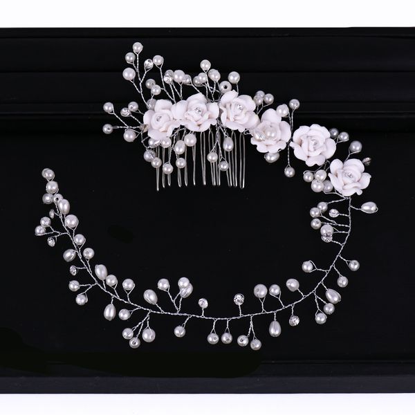 

ailibride long flower pearl hair comb bridal hair accessories wedding headpiece hair ornaments bride women jewelry handmadedio chan con, White;golden