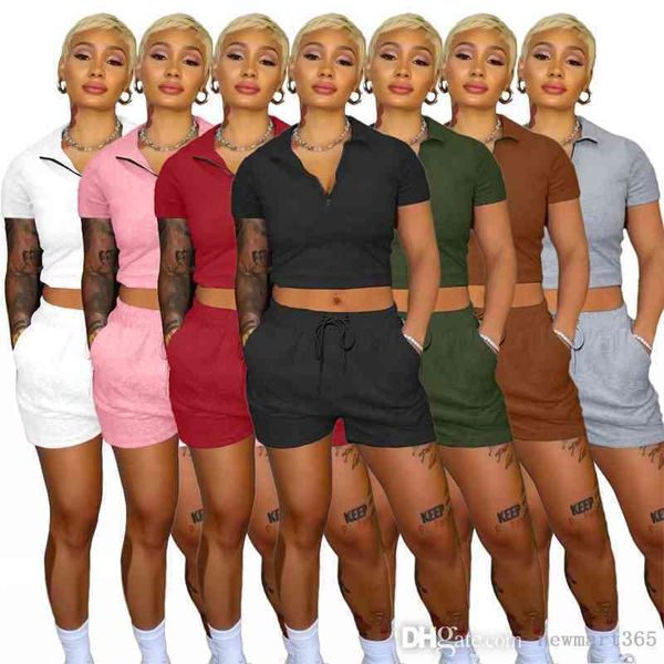 

summer women tracksuits two piece set solid color jogging suit zipper sweater sports suit high waist short sleeve shorts outfits, Gray