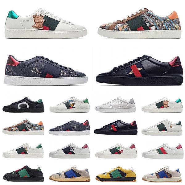 

[original box+socks+tag]italy men women sneaker casual shoes snake chaussures leather sneakers ace bee embroidery stripes shoe walking sport, Black