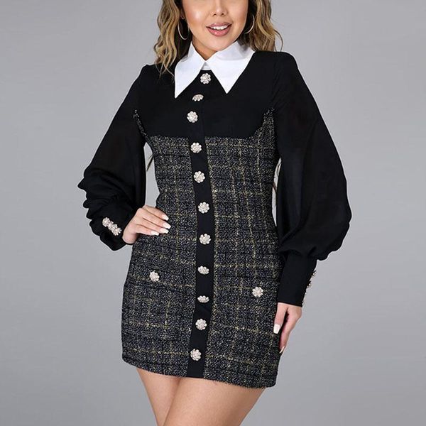 

casual dresses ol style dress turn-down collar long sleeve plaid women sheath elegant vestidos business party office female, Black;gray