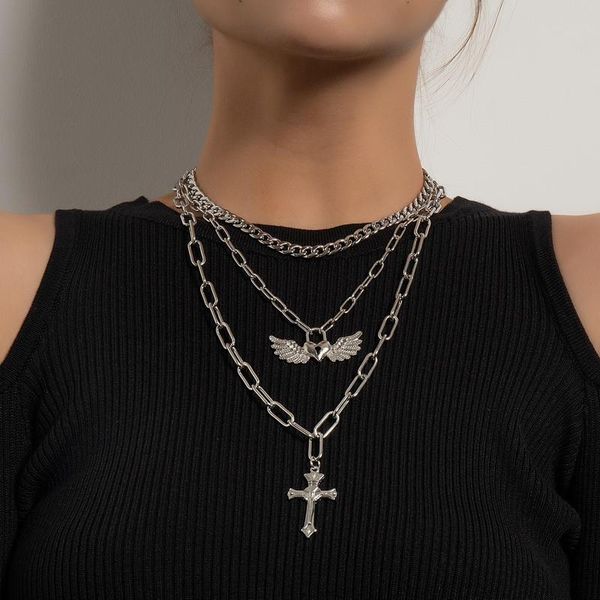 

pendant necklaces punk thick chain heart angel cross necklace for women vintage exaggerated geometric chains colar jewelry gift, Silver