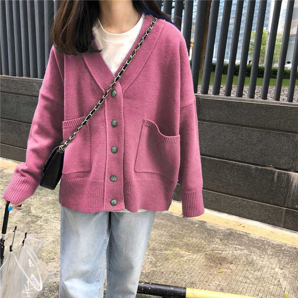 

cardigan jacket women's long sleeve knit sweater loose fashion simple winter korea ins harajuku vintage solid casual 210608, Black;brown
