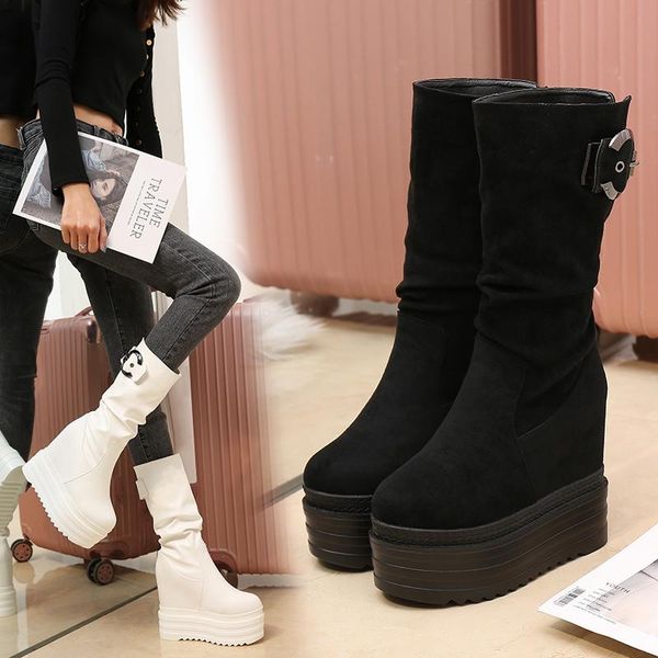 

autumn 2021 british large women's boots knee length 34-39 round head shoes winter high heels, Black