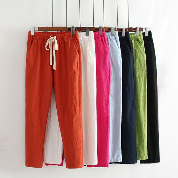 

capri spring day harem loose linen casual electrical belt pants with cotton cordon pantalon femme plus size 4xl, Black;white