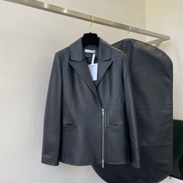 

luxury high-quality leather designer jacket letter printing new female mid-length spring and autumn fashion waist trend all-match lambskin l, Black