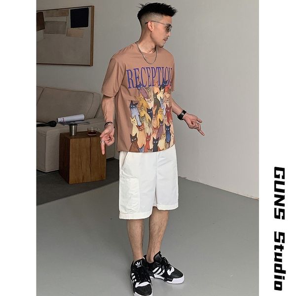

bar uncle summer men's animal print short sleeve loose t-shirt cotton t-shirt round neck american leisure korean trend, White;black