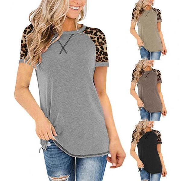 

fashion women leopard print o neck short sloove t-shirt outdoor streetwear women's, White