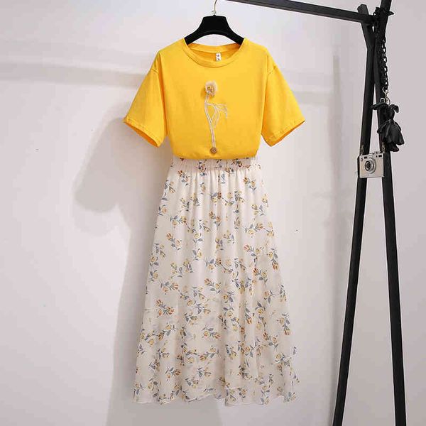 

two piece dress ichoix summer two piece of women's clothes yellow t-shirts and skirt floral ensemble chiffon long casual 2 clothing b34, White