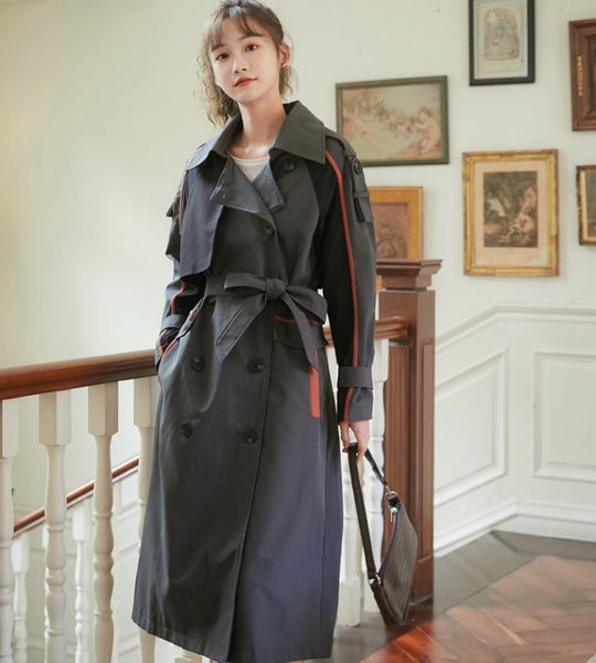 

women's trench coats 2021 women spring coat outwear from vintage elegant color hit long fashion windbreaker, Tan;black