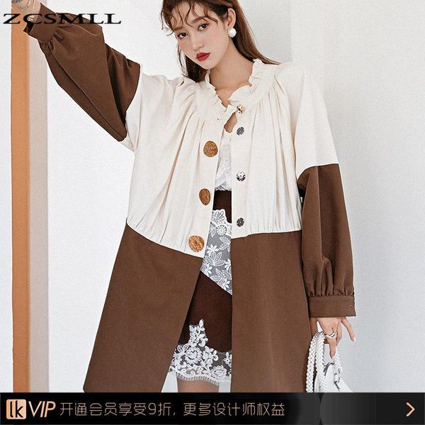 

women's wool & blends zcsmll elegant loose women autumn single-breasted stitching contrast color fashion windbreaker, Black