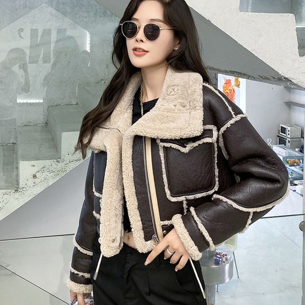 

designers women real shearling lamb fur jackets winter double face coats lady crop jacket thick warm genuine leather s3659, Black