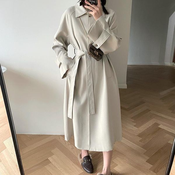 

women's trench coats autumn winter 2021 fashion windbreaker women long korean style vintage loose coat with belt sleeve turn down colla, Tan;black