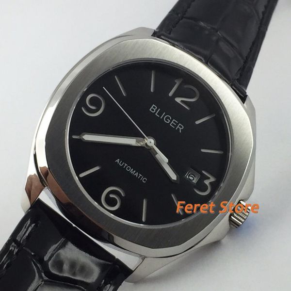 

bliger 40mm business watch silver case sapphire glass brown luminous dial date leather strap men's automatic mechanical wristwatches, Slivery;brown