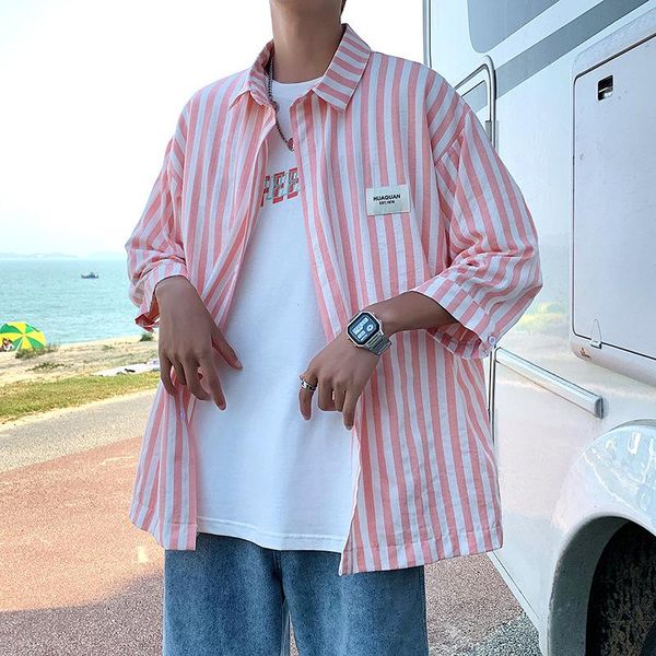 

men's dress shirts 2021 summer short sleeve inch clothes loose fashion brand 5-sleeve shirt male students casual stripe half, White;black