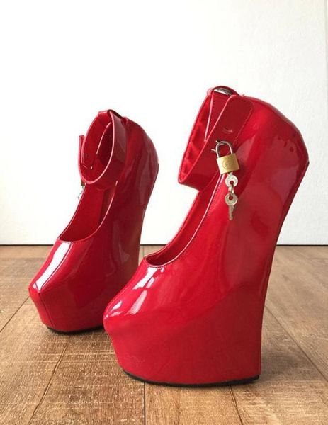 

women pumps big size wedge high heel platform fetish heelless hoof lockable padlock strap buckle red shoes for ladies dress, Black