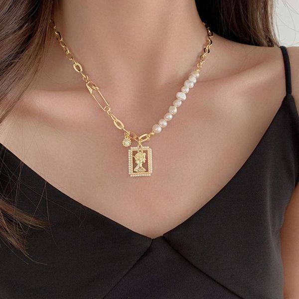 

pendant necklaces korean gothic baroque pearl pin choker necklace for women crystal gold tassel long chain hollow avatar jewelry, Silver