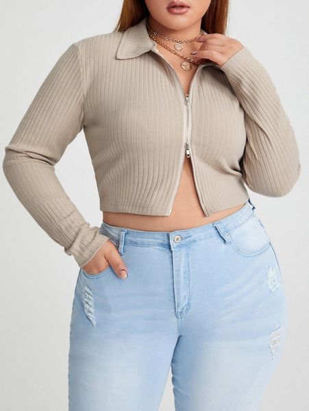 

plus zip-up ribbed crop 81pl#, Black