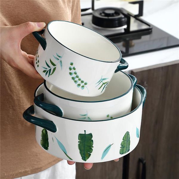 

ceramic bowl nordic green plants white round 600/900/1400ml binaural big bone china tableware household kitchen supplies bowls