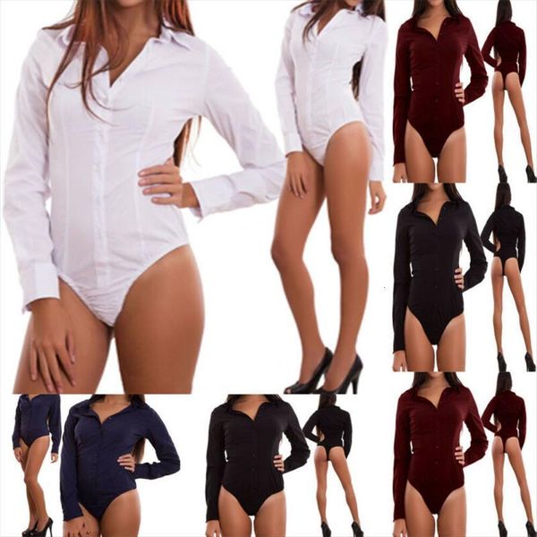 

v neck bodycon stretch leotard women rompers work bodysuit button shirt body long sleeve top, Black;white