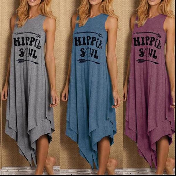 

casual summer hippie soul letter women dress print long loose sleeveless o neck double layer irregular hem maxi, Black;gray