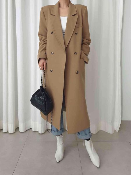 

women's wool & blends women autumn winter double-breasted suit jacket long sleeve casual ladies woolen coat vintage fashion loose overc, Black