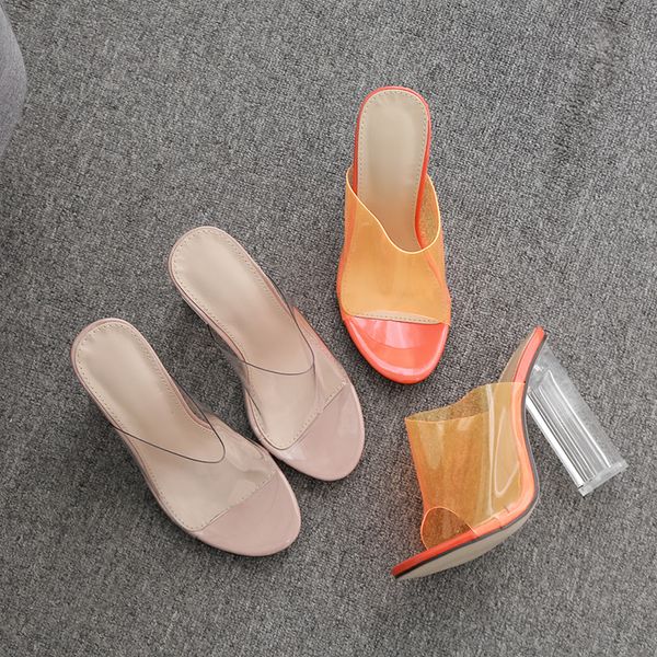 Kadın Sandalet PVC Jöle Kristal Topuk Şeffaf Seksi Temizle Yüksek Topuklu Yaz tıknaz Ayakkabı Pompaları 051202 5%