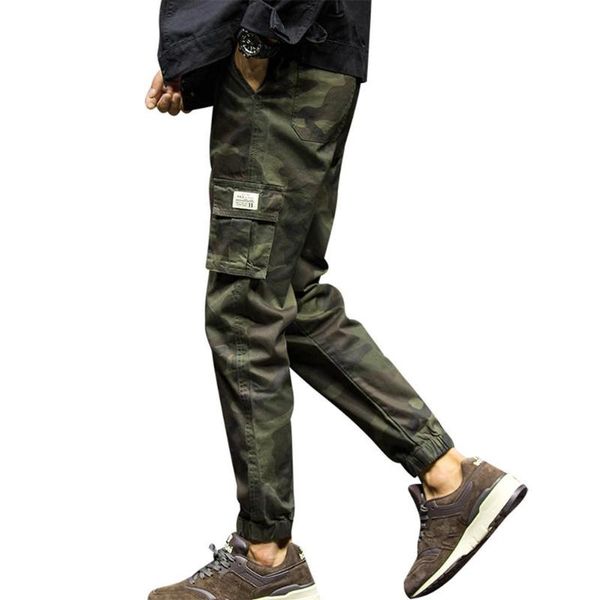 

men casual camouflage ankle-tied multi-pockets cotton sport ninth pants trousers hand wash regular men's, Black