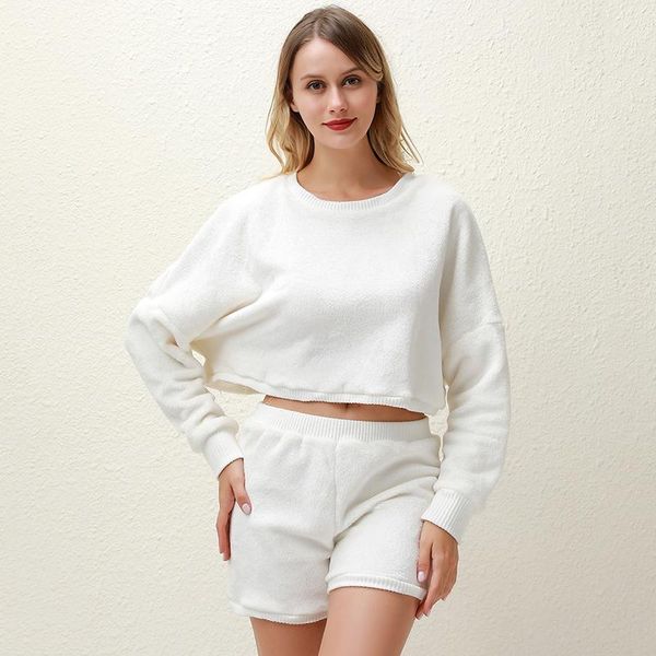 

women's shorts fashion suit autumn solid color long sleeve o-neck casual short irregular high waist, White;black