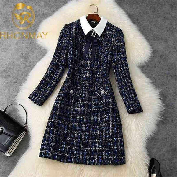 

lady fashion vintage tweed dress women's fall winter british short long sleeve elegant vestidos 210520, Black;gray