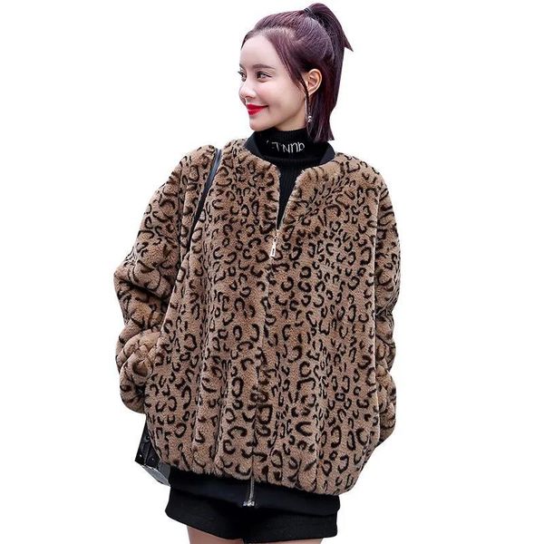 

women's fur & faux women leopard print overcoat fashion coat fall winter loose jacket mid-length pocket female hooded outwear casaco fe, Black