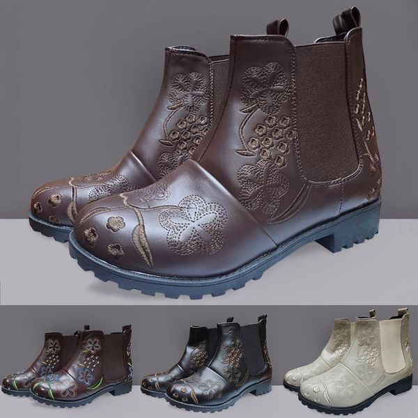 

boots women's ethnic long tube handmade embroidery winter mid-calf riding boot lady retro rome style low heel leather shoes, Black