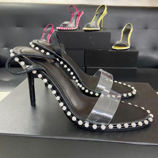 

transparent pvc women sandals string bead high heels summer genuine leather slip-on shoes woman back strap zapatos de mujer, Black