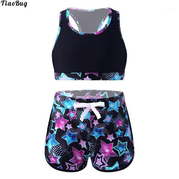 

one-pieces tiaobug summer 2pcs kid girls print swimsuit round neck sleeveless crop and shorts set beach pool swimming bathing swimwear, Black