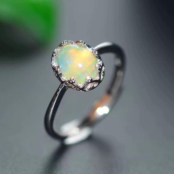 

cluster rings natural opal ring for women anniversary gift 6*8mm colorful gemstones fine jewelry luxury crown design real 925 sterling silve, Golden;silver