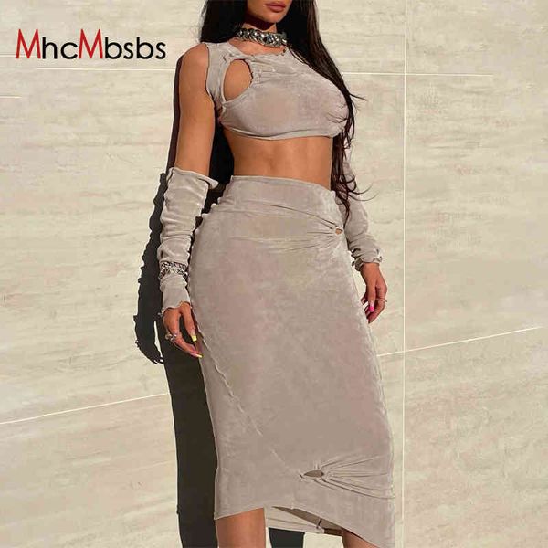 

2 piece sets women beach party outfits summer backless long sleeve bodycon crop high waist midi skirts casual clothes 210517, White