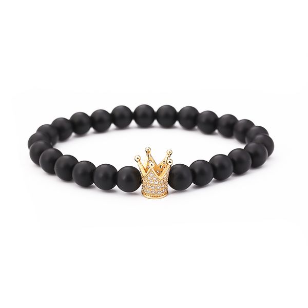 

matte black stone bead bracelet pave cz 4 color crown 8mm fashion men women charm jewelry beaded, strands