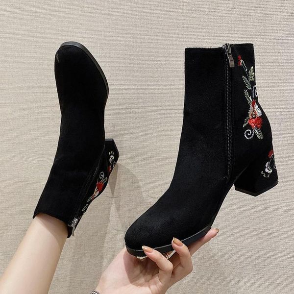

boots ankle for women vintage retro flock embroidery winter keep warm square heels zipper round toe short booties shoes, Black