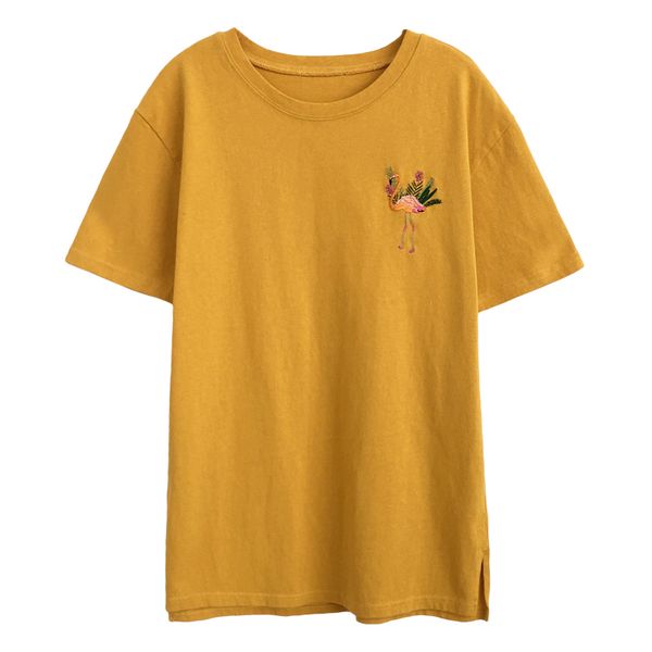 

yellow white mustard flamingo embroidery short sleeve o neck tees t shirt casual women female b0111 210514