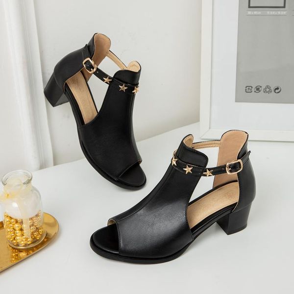 

women high heels sandals arrivals fashion rivet korean style peep toe casual buckls strap solid cquare with cover heel, Black