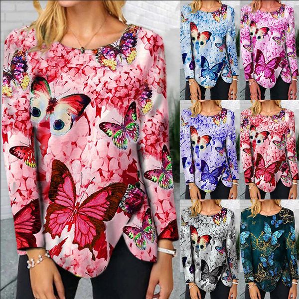 

women's tees t-shirt 2021 autumn trend women's fashion round neck butterfly hem button irregular long sleeve t-shirt, White