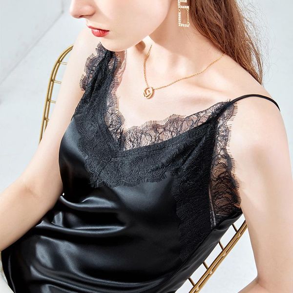 

women's tanks & camis black lace beautiful back strap net red style fashion sleeveless satin summer render vest women, White