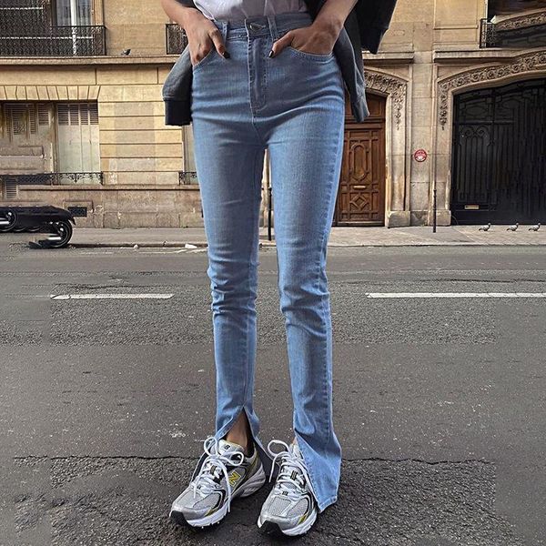 

women's jeans woman pants design sense split leg skinny high waist slim stretch casual 2021 pantalones vaqueros mujer, Blue