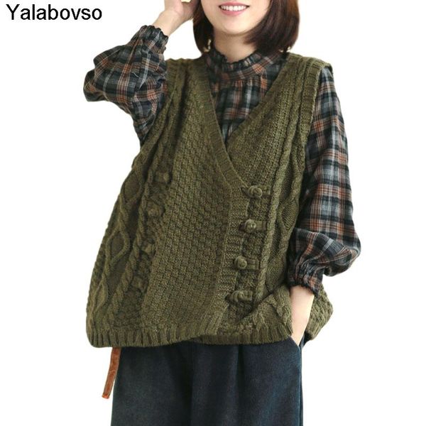 

women's vests retro clothing art loose coil button double knitted twisted sweater vest female v-neck ladies coat with amy green and kha, Black;white