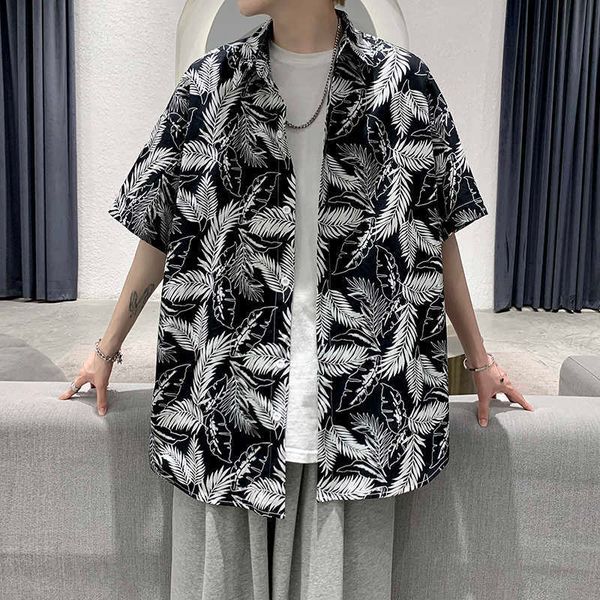 

men's casual shirts men short sleeve shirt summer leaf printed loose holiday beach green/black whvg, White;black